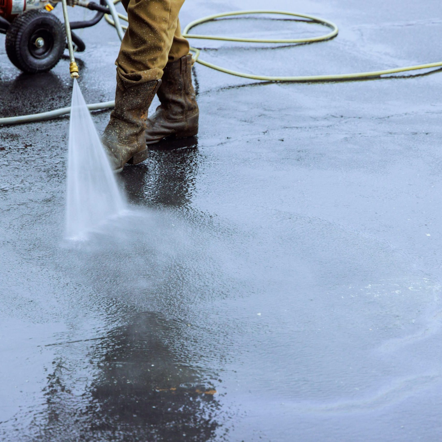Using pressurized water to clean street, wet washing roadway
